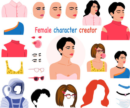 Female Character Creator, Woman Portrait Generator. Cosmic Girl Avatar Constructor. Face Expressions, Clothes Variations, Different Hairstyles. 