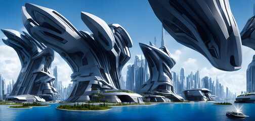 Artistic concept painting of a futuristic city or smart city, background illustration.