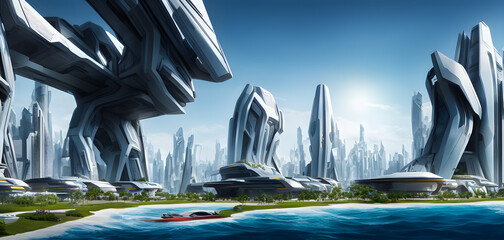 Artistic concept painting of a futuristic city or smart city, background illustration.