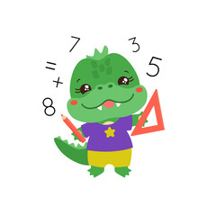 School student crocodile holding a pencil and ruler. Maths learning. Little dinosaur dragon elementary pupil. Cute amphibian animal. Primary school subject vector. Education teachers resources.
