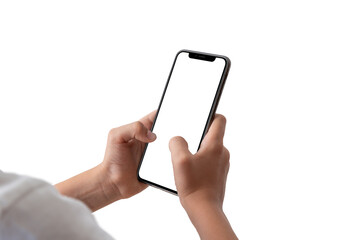 Phone with isolated screen in boy hands. Vertical position for game, app promotion. Transparent display and background