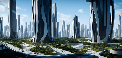Artistic concept painting of a futuristic city or smart city, background illustration.