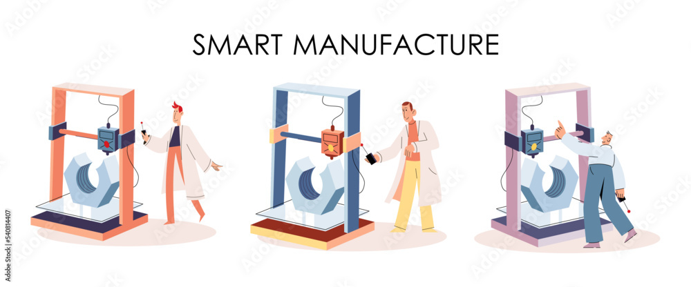Aufkleber manufacturing process at automated production industry. scientist works with robot assembling produc