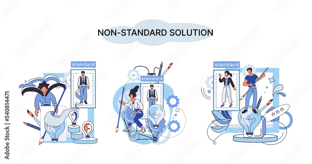 Poster non standart solution metaphor. creation of individual decision for integration of disparate product