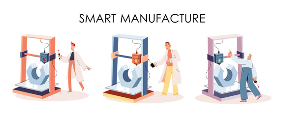 Manufacturing process at automated production industry. Scientist works with robot assembling products. Technical and science innovation. Smart manufacture, automation and development concept metaphor