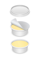Vector white round container with cap and silver foil for butter, margarine or cheese
