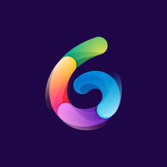 Number six logo made of overlapping colorful lines. Rainbow vivid gradient modern icon.