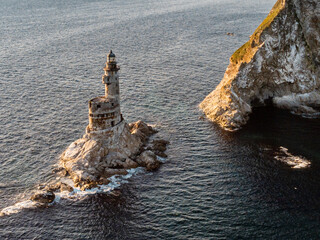 The abandoned lighthouse Aniva in the Sakhalin Island,Russia. Aerial View.