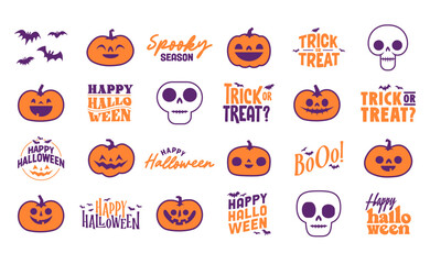 Set of Halloween icons. Vector illustration. Carved pumpkins, skulls and bats. Trick or treat spooky design.