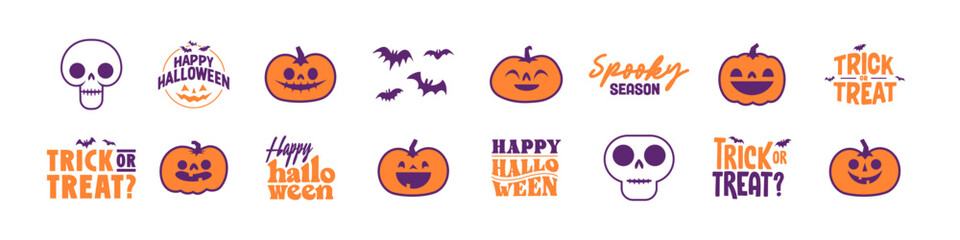 Set of Halloween icons. Vector illustration. Carved pumpkins, skulls and bats. Trick or treat spooky design.