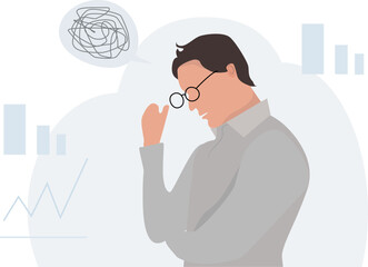 Young male is surrounded by stream of thoughts, chaos in head. Anxiety, depression,