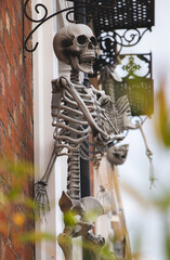 skeleton chilling by a house in October