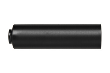 Black silencer for weapons. Suppressor that is at the end of an assault rifle. Isolate on a white back.