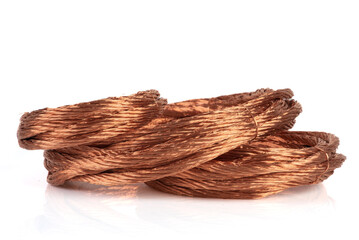Rolled up copper cable wire isolated on white background