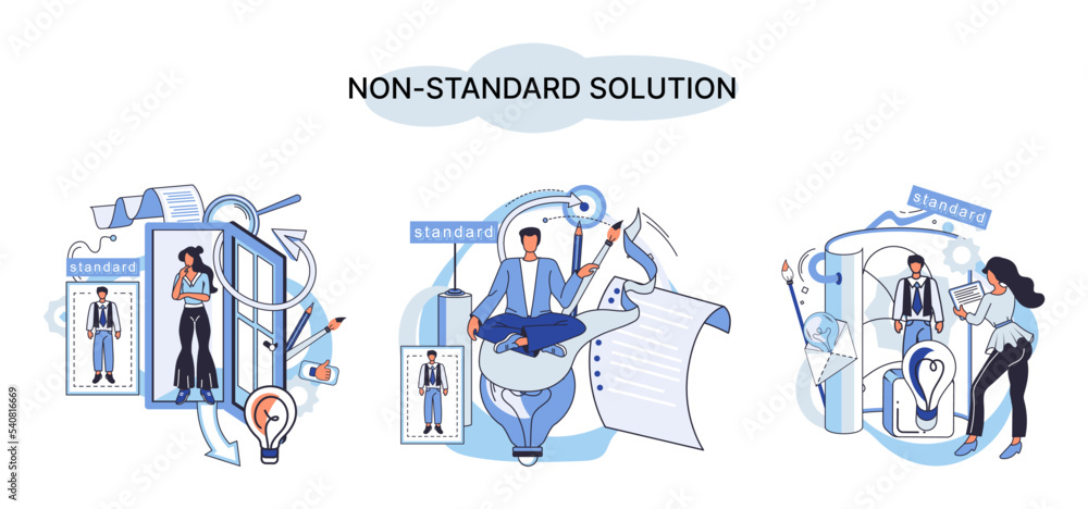 Poster non standart solution metaphor. finding decisionss, problem solving. teamwork, partnership. working 