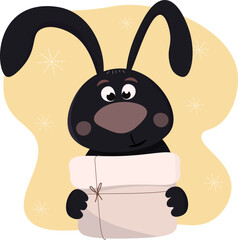Black rabbit with a gift in its paws.