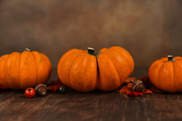 A row of miniature orange pumpkins on a rustic wood surface with a brown abstract background with copy space for a banner or ad