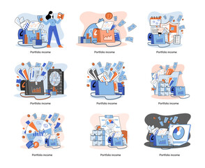 Investment portfolio income dollars currency, buy sell trading, market exchange value metaphor, businessman investor or trader balance portfolio with coins. Financiers analyzing stock market profit