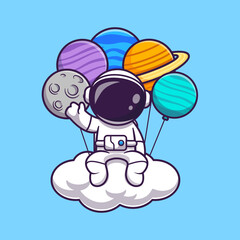 Astronaut Sitting On Cloud With Planet Balloon Cartoon 
Vector Icon Illustration. Science Technology Icon Concept 
Isolated Premium Vector. Flat Cartoon Style