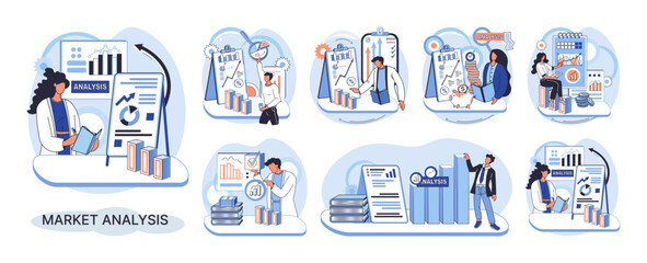 Market analysis metaphor marketing strategy development. Business research. Identify business determine solutions business problems solving. Marketer analyzes sales plan, doing an advertising campaign