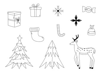 Collection of Christmas outline doodles. Set of hand drawn Christmas trees, deer, gifts, candies, snowflakes. New Year vector illustration	