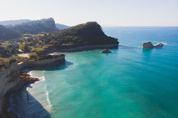 Fototapeta premium Sidari, beautiful aerial drone landscape of Canal d’Amour (Love Channel), Corfu island, Greece, with turqoise water and sea beach, Kerkyra, Ionian islands, summer sunny day