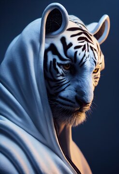 Fantasy Portrait Of A Militant Tiger Assassin In An Ancient Assassin Costume. The Concept Of Ancient Warriors. 3D Rendering