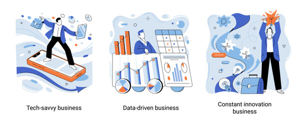 Constant innovation business, tech savvy, data driven business concept metaphor. Technological development startup. Improving company, solution abstract idea. Analysis of financial result activities