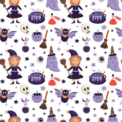 Hand drawn seamless halloween pattern with witch, ghost, bat, funny elements. Children halloween ornament