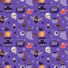 Hand drawn seamless halloween pattern with witch, ghost, bat, funny elements. Children halloween ornament