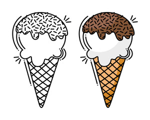 Doodle flat line clipart. Simple vector ice cream. All objects are repainted.