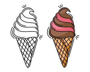 Doodle flat line clipart. Simple vector ice cream. All objects are repainted.