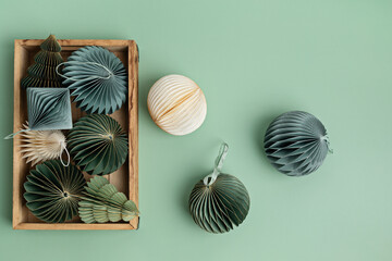 Scandinavian christmas paper honeycomb ornaments. Modern christmas decoration, minimalist and...
