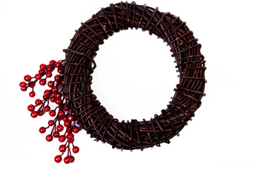 Wreath woven from the branches of the vine isolated , Place for text