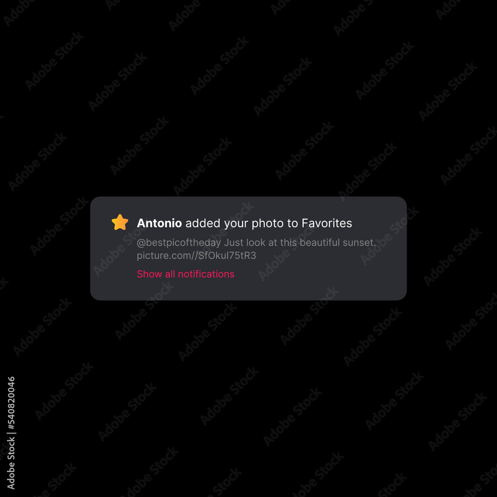 Poster added photo to favorites notification banner illustration. social media ui concept. editable user na