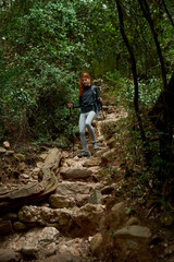 Naklejka premium Masterful hiker going down stone stairs