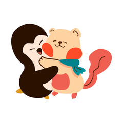 retro Squirrel and penguin cuddling warmly on a white background. cute animal ,happy winter ,Cartoon suitable for, print, sublimation, shirt, postcard, printable, stationery ,kids ,etc.