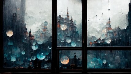 rain droplets on window looking at city wallpaper HD gloomy day