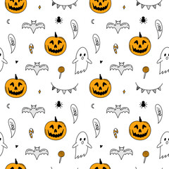 Halloween cartoon pattern doodle. Pumpkin, sweets, ghost, garland. Cartoon elements isolated on white background. Endless, seamless pattern. Hand drawn outline vector illustration.