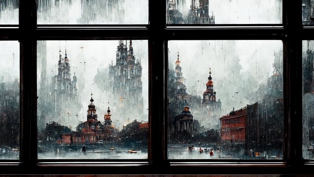 rain droplets on window looking at city wallpaper HD gloomy day