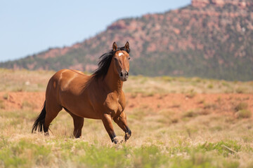 A bay horse gallops in an open desert field in Southern Utah with red sandstone mountains and blue...