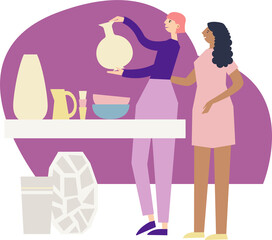 Women couple choosing vase in utensils department. Home decoration shopping process. Flat illustration