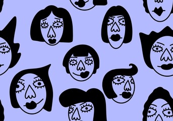 Cartoon women seamless character doodle face pattern for wrapping paper and kids clothes print and fabrics