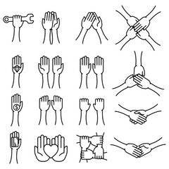 Hand gestures icon set. Hi five hands, handshaking and other gestures. Thin line art. Black vector symbols isolated on white background.