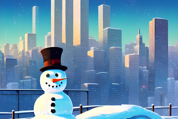 portrait of a happy snowman with hat and scarf in the snow - cartoon / comic / anime / manga style