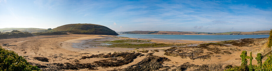 Panorama of Daymer Bay, Brea Hill and the River Camel Estuary from Trebetherick, Cornwall UK