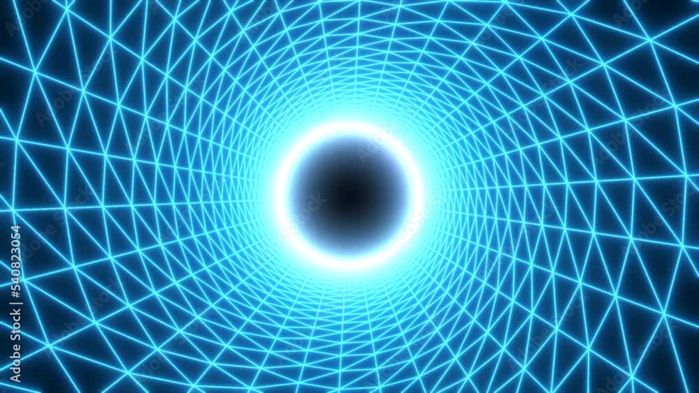 Poster blue and pink background. motion.a bright tunnel made of a grid on a black background that moves dee