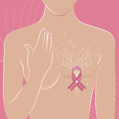 Breast cancer awareness poster Woman body covering one breast Vector illustration