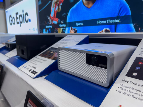 Seattle, WA USA - circa September 2022: Close up, selective focus on projectors for sale inside a Best Buy store.