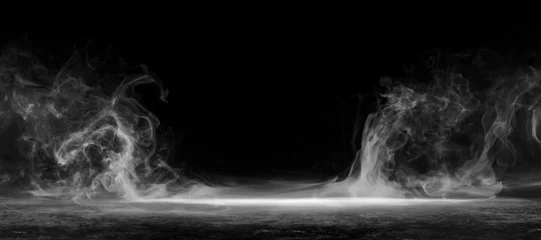 Fotobehang Abstract image of dark room concrete floor. Black room or stage background for product placement.Panoramic view of the abstract fog. White cloudiness, mist or smog moves on black background.  © KDdesignphoto